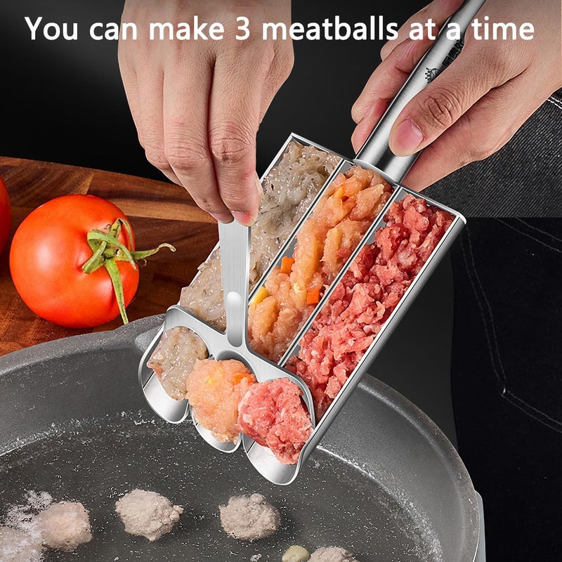 AMUSCHAT Triple Meatball Maker With Cutting Spade + Meat Ball Scoop, Stainless Steel Manual Home Meat Ball Maker, Kitchen Mould for Quick Making Hush Puppy, Fritter, Sweet Ball, Rice Ball, Chicken Meatball - Image 5